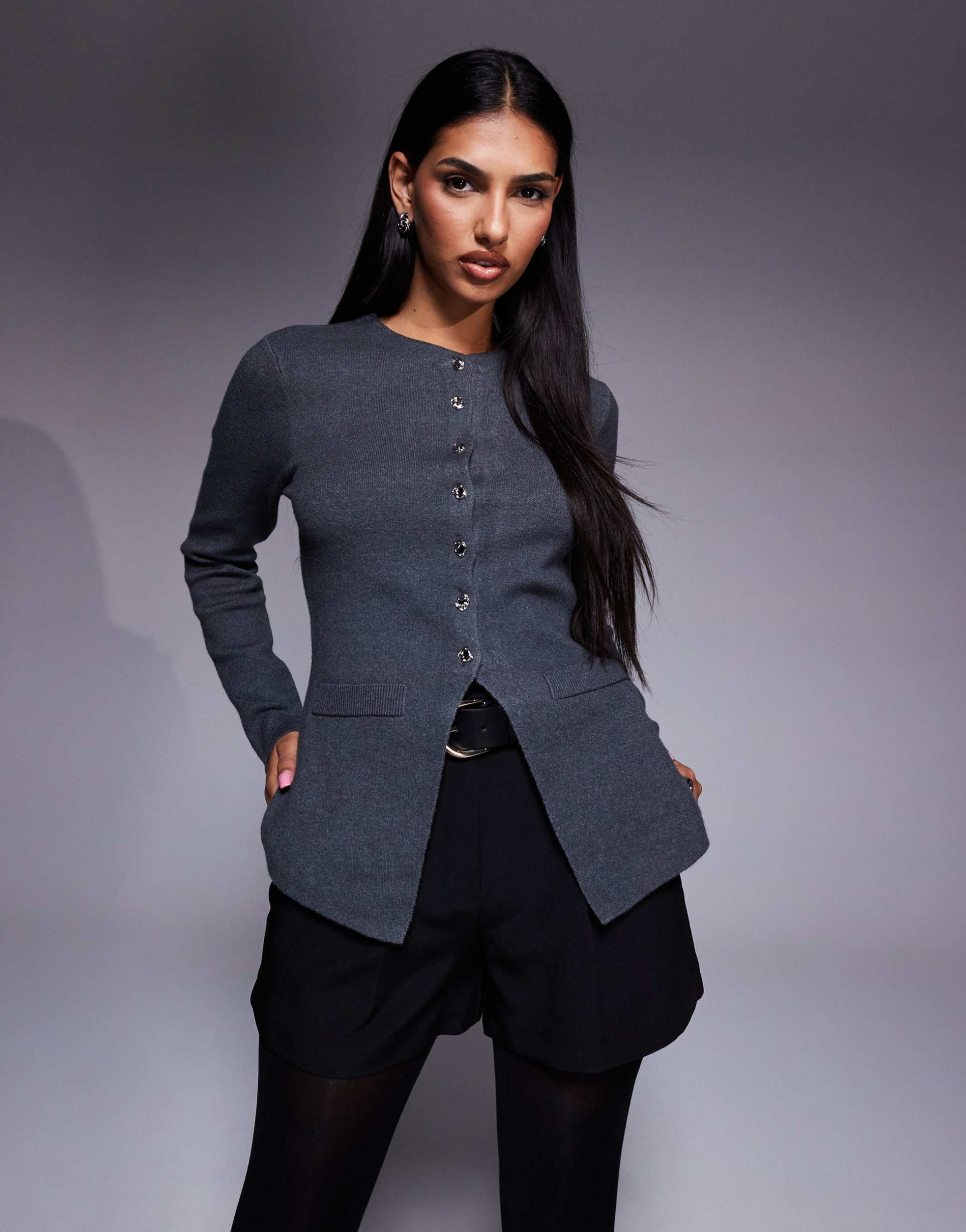 river island knitted longline cardigan in dark gray