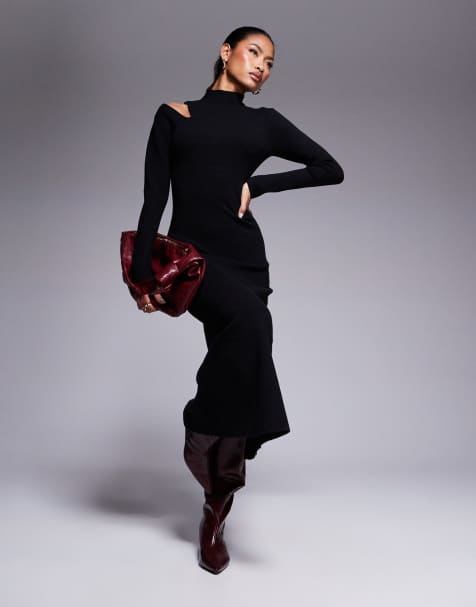 River Island knitted midi dress with cut out detail in black - view 1