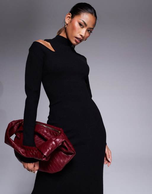 River Island knitted midi dress with cut out detail in black ASOS
