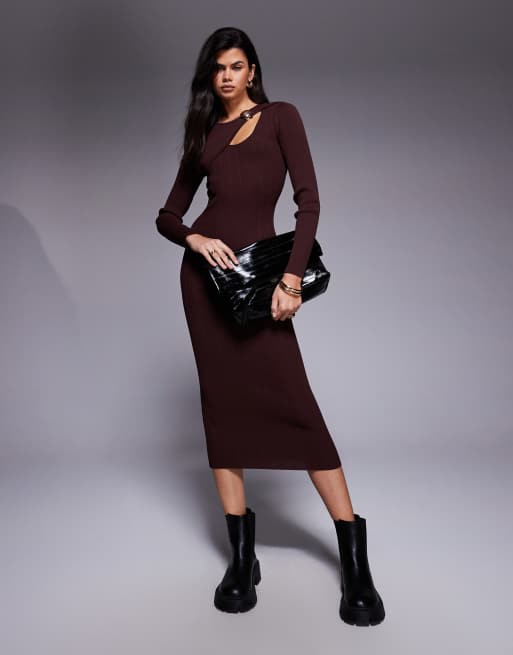 River Island knitted midi dress with cut-out detail in dark brown