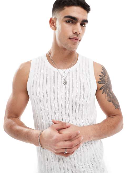 River Island knitted muscle fit crochet singlet in ecru
