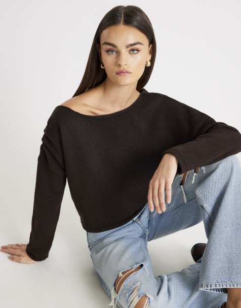 River Island Knitted off the shoulder jumper in brown - dark - view 1