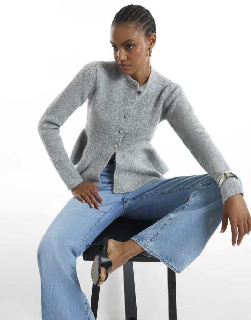 River Island Knitted peplum hem cardigan in grey - marl, 3 of 4