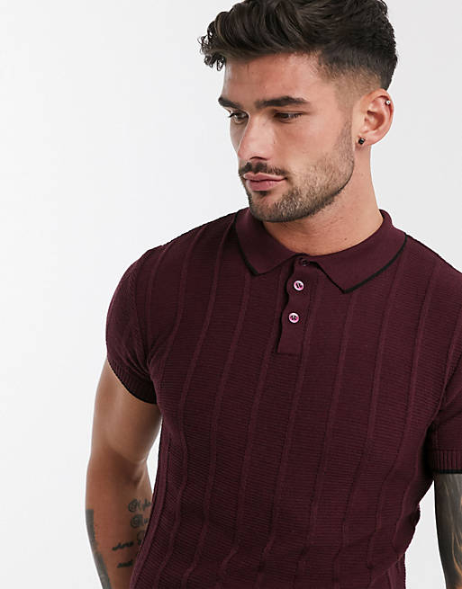 River Island knitted polo in berry | ASOS
