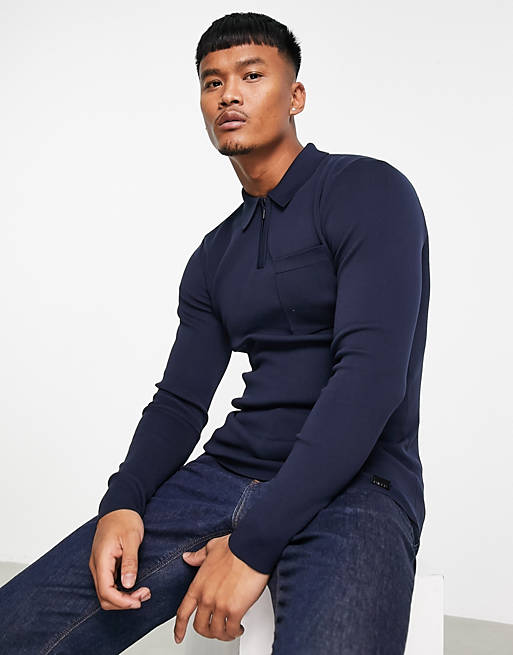  River Island knitted polo in navy 