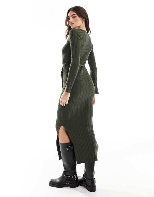 RanRui Women's Long Sleeve Ribbed Knit Dress – Turtleneck Button-Down Bodycon Maxi Dress In Khaki (Size Small)