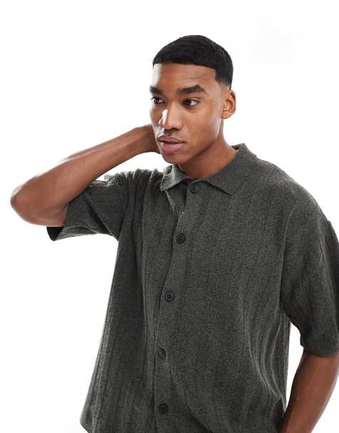 River Island knitted rib overshirt in khaki - view 1