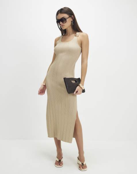 River Island knitted ribbed midi dress in gold - view 1