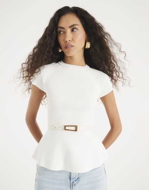 River Island Knitted short sleeve belted peplum top in cream - view 1