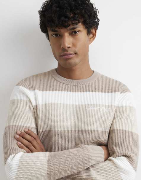 River Island Knitted stripe cotton blend jumper in stone - view 1