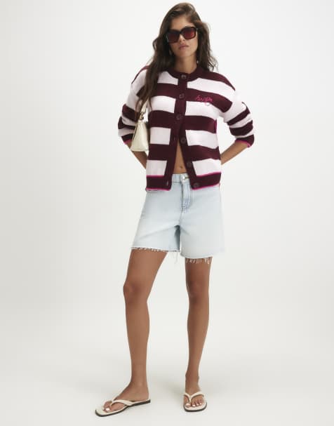 River Island Knitted stripe happy cardigan in burgundy - view 1