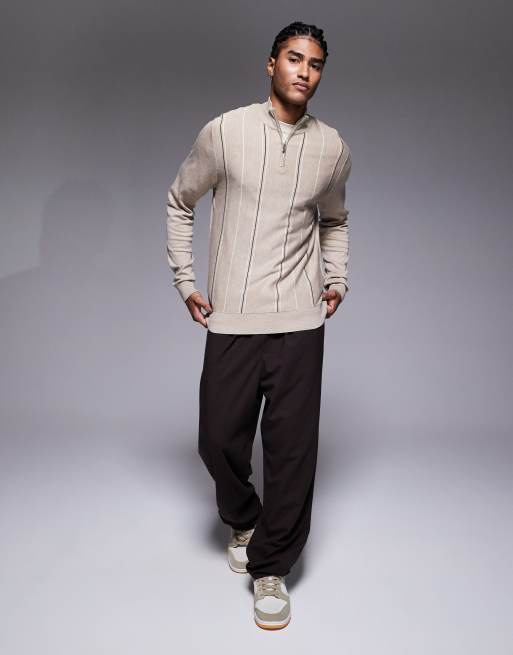 River Island knitted striped half-zip jumper in stone, 2 of 5