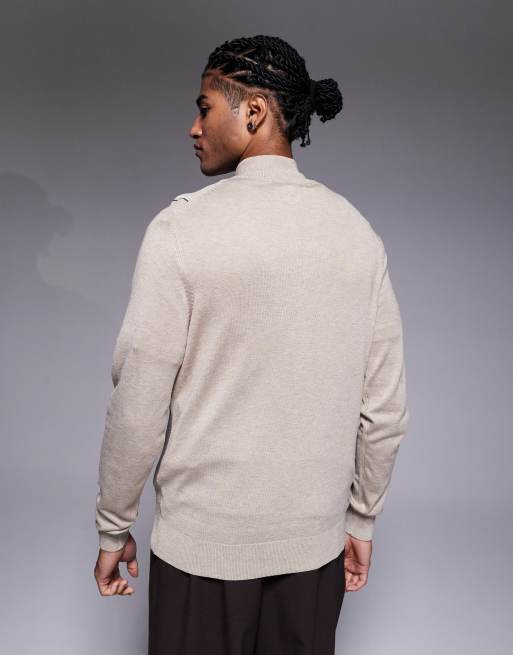 River Island knitted striped half-zip jumper in stone, 3 of 5
