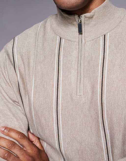 River Island knitted striped half-zip jumper in stone, 5 of 5