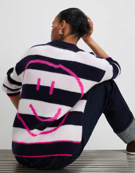 River Island Knitted striped happy cardigan in navy