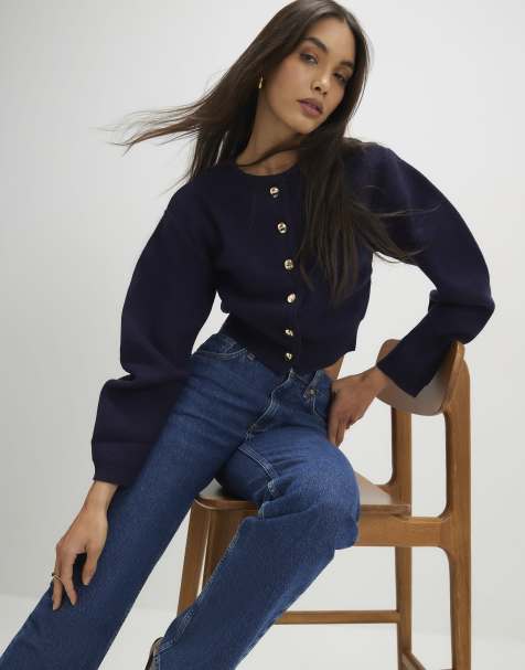 River Island Knitted structured sleeve cardigan in navy - view 1