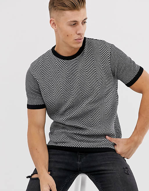 River Island knitted t-shirt in black & white | ASOS