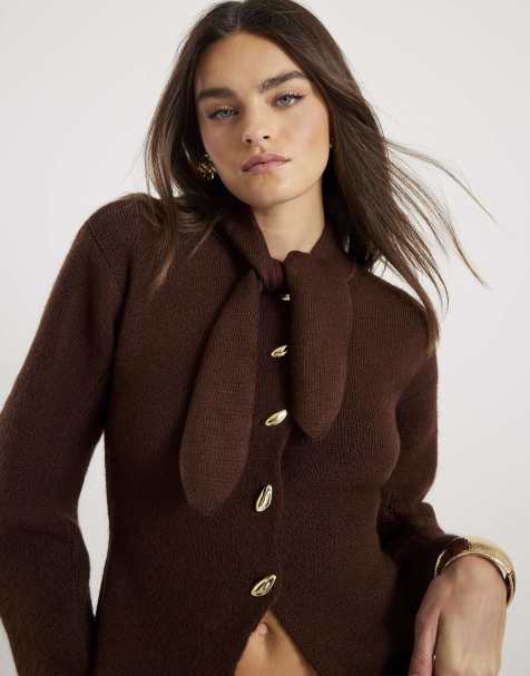 River Island Knitted tie neck cardigan in brown - dark - view 1
