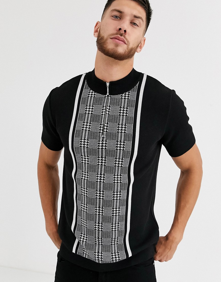 River Island knitted turle neck t-shirt in black with dogtooth check