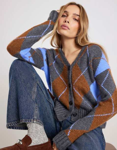 River Island Knitted v neck argyle print cardigan in grey