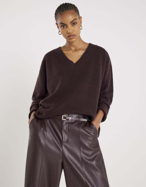 River Island Knitted v neck jumper in brown - dark - view 1