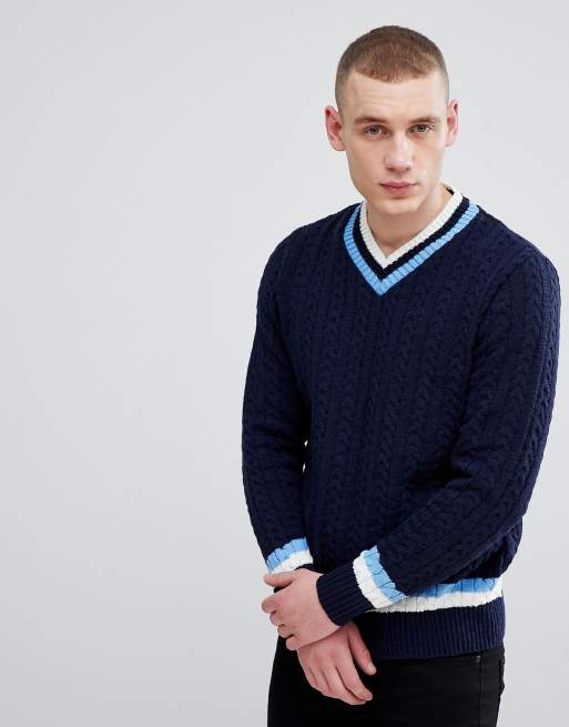 River Island Knitted V- Neck Jumper In Navy | ASOS