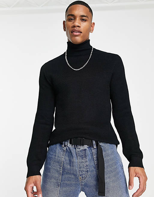 River Island knitted waffle jumper with roll neck in black