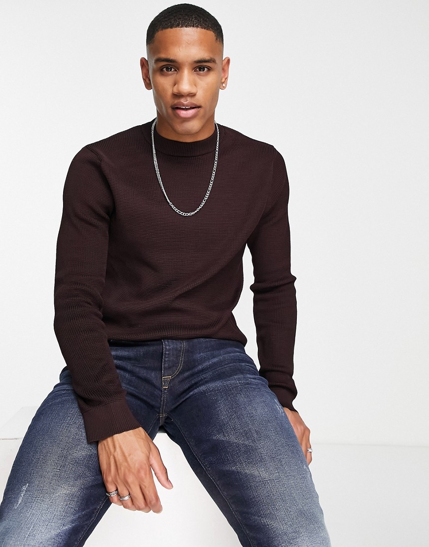 River Island knitted waffle sweater in burgundy-Red