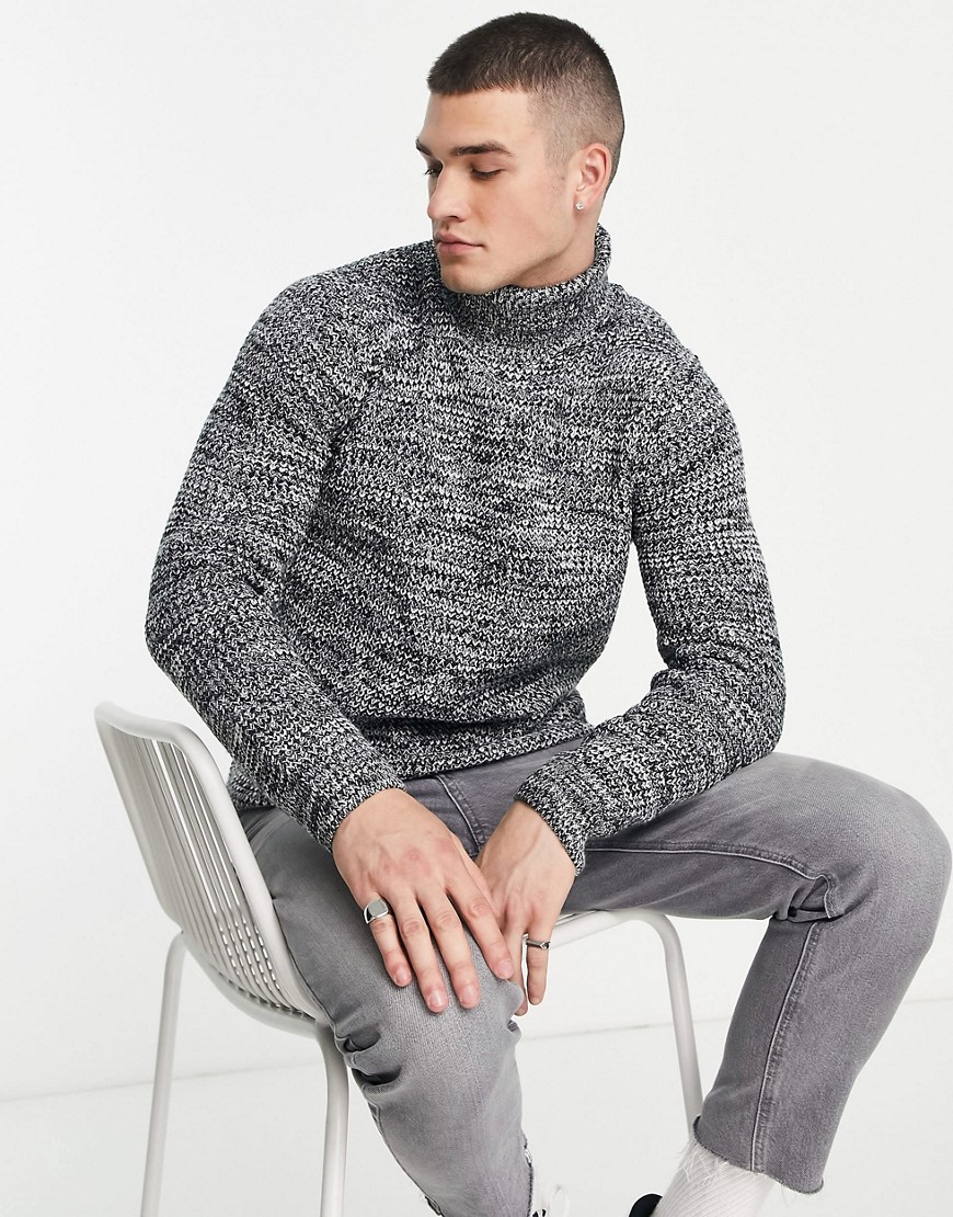 River Island knitted waffle sweater with roll neck in gray and white-Black