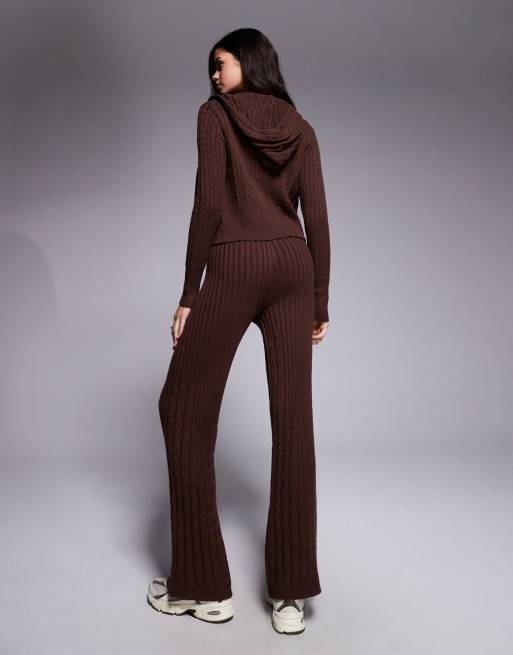 River Island knitted wide leg cable knitted trouser co-ord in dark brown, 3 of 5