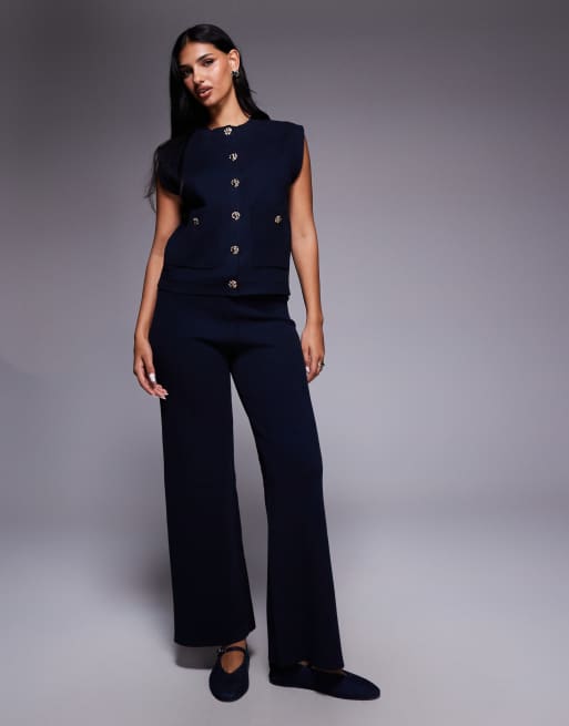 River Island knitted wide leg pants in navy 