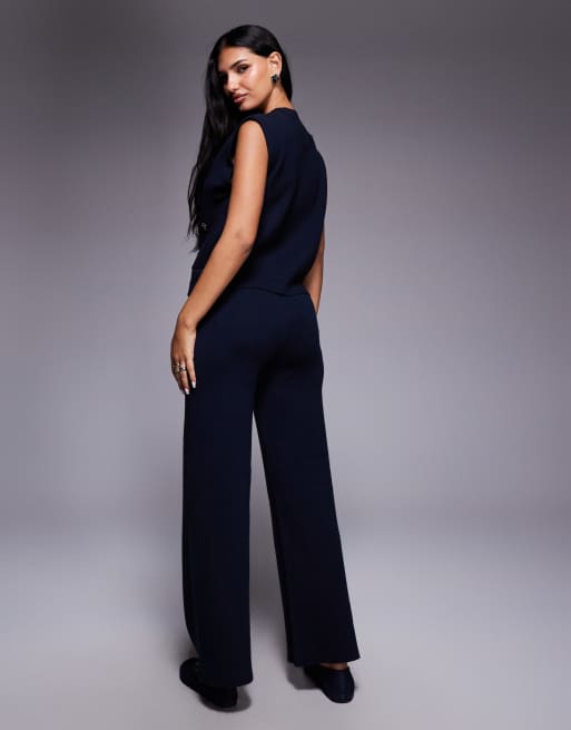 River Island knitted wide leg trouser in navy , 4 of 5