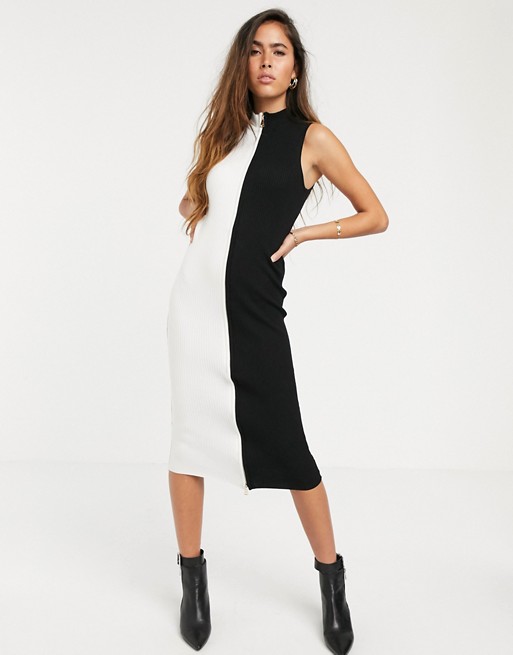 River Island knitted zip through dress in black and white