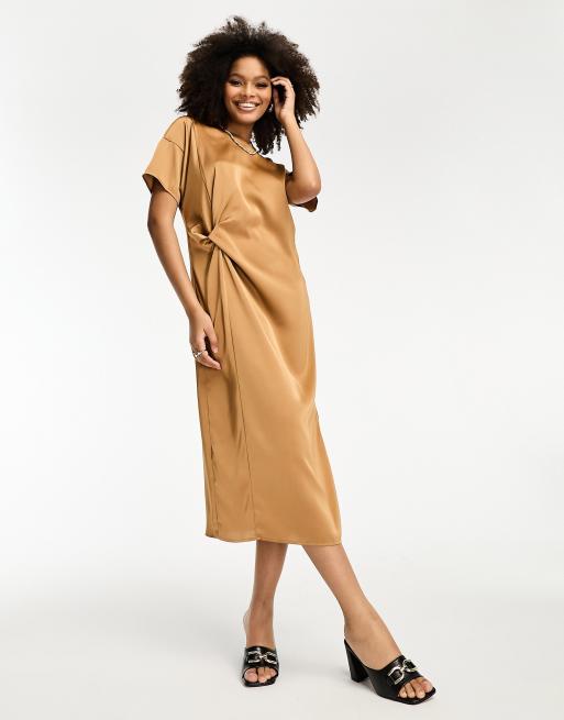 River Island knot detail satin midi dress in beige ASOS