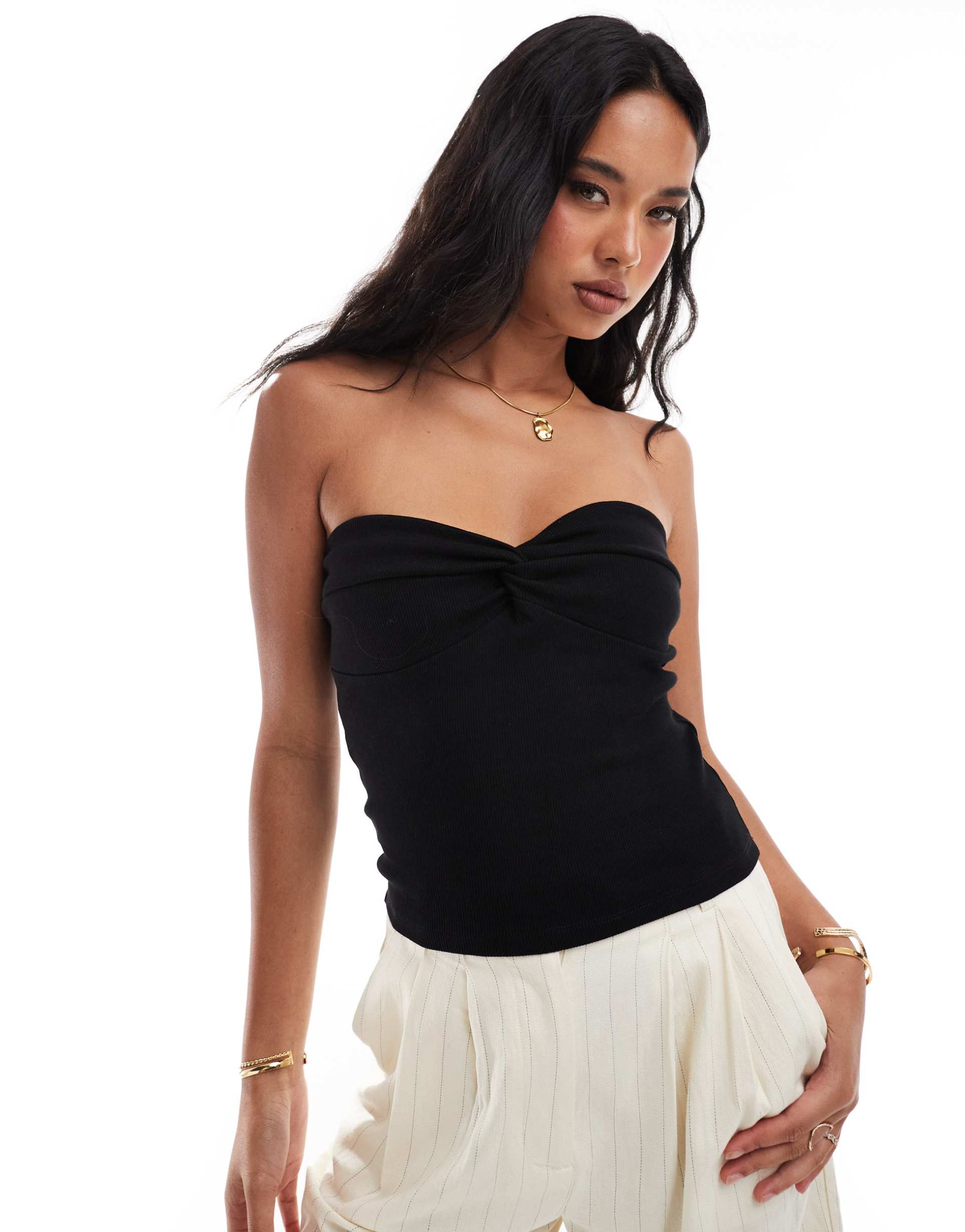 river island knot front bandeau top in black