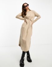 Topshop Curve jersey midi sweater dress with tie waist in beige