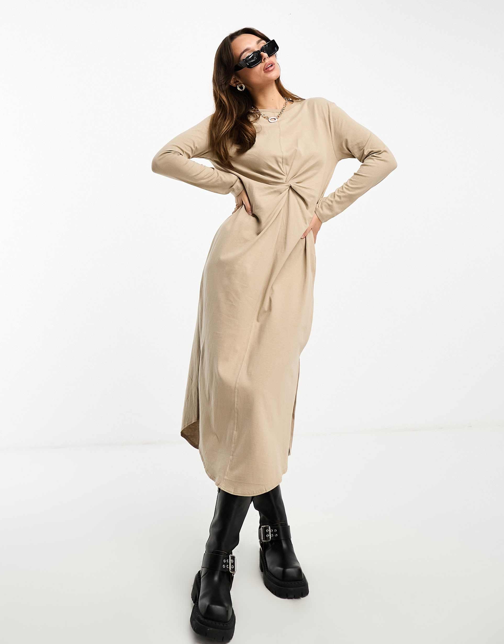 river island knot front jersey t-shirt midi dress in beige