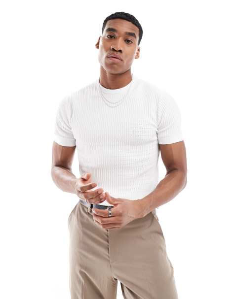 River Island – Körperbetontes Pointelle-T-Shirt in Weiß - view 1