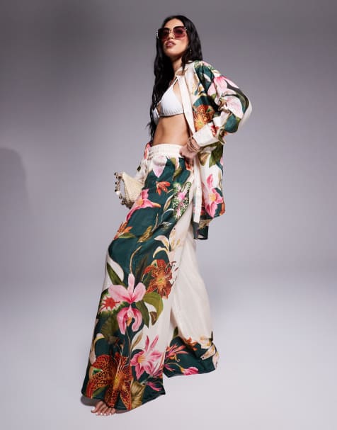 River Island botanical print wide leg trouser co-ord in cream