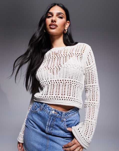 River Island crochet long sleeve crop top in beige