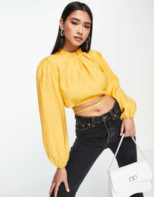 River Island – Krótki żółty top z lnu z ozdobnym wiązaniem