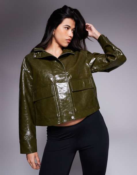River Island – Kurtka z imitacji skóry w ciemnym kolorze khaki - view 1