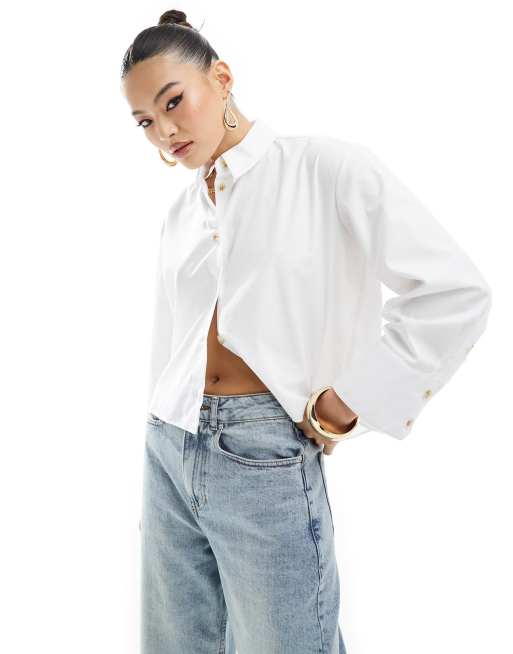 River Island – Kurz geschnittene Hemdbluse aus Popeline in Weiß