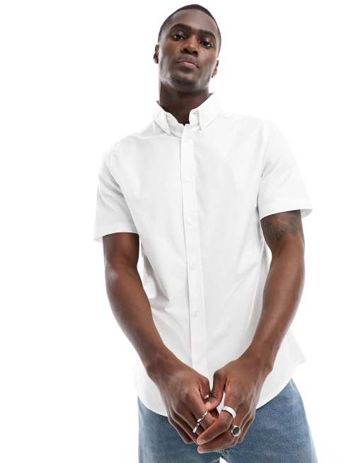 River Island – Kurzärmliges, elastisches Oxford-Hemd in Weiß