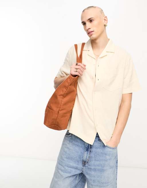 River Island – Kurzärmliges Leinenhemd in Steinbeige