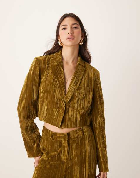 River Island – Kurzer Blazer aus Samt in Olivgrün, Kombiteil - view 1