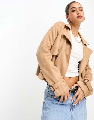 River Island - Kurzer Trenchcoat aus Wildleder in Hellbraun-Brown