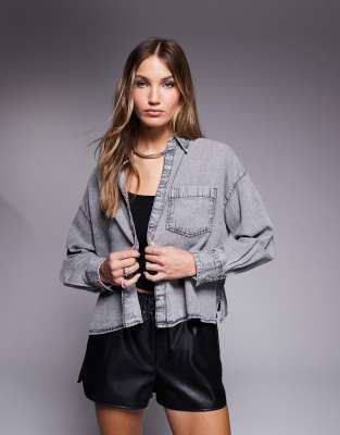 Thumbnail - River Island - Kurzes Jeanshemd in Dunkelgrau