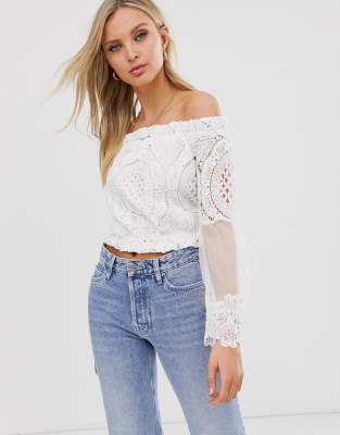 white crochet bardot top