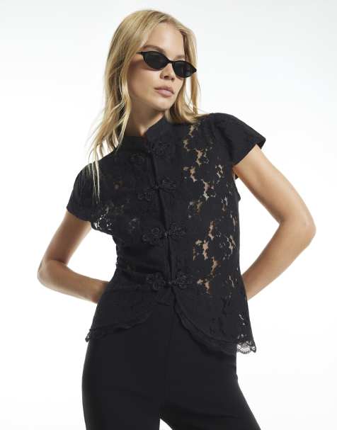 River Island Lace cap sleeve drummer top in black